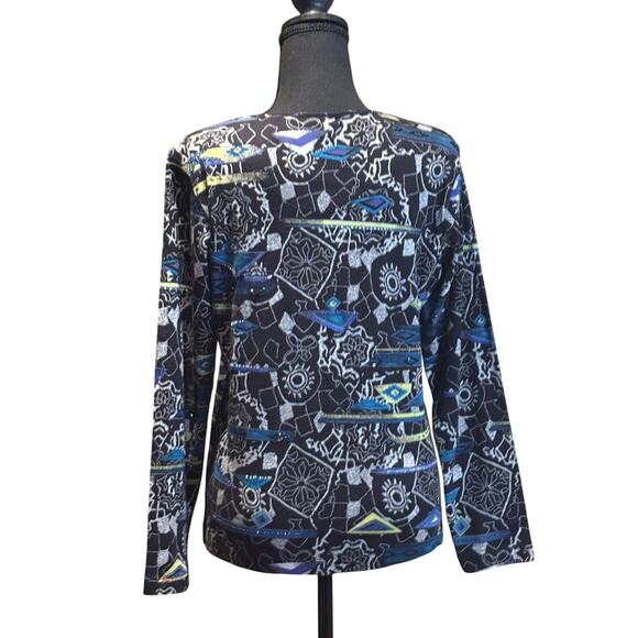 Chico's LS Tribal Design with Beads Black Blue Green Top, Chic's Sz 0, (reg 4-6) - Picture 2 of 3